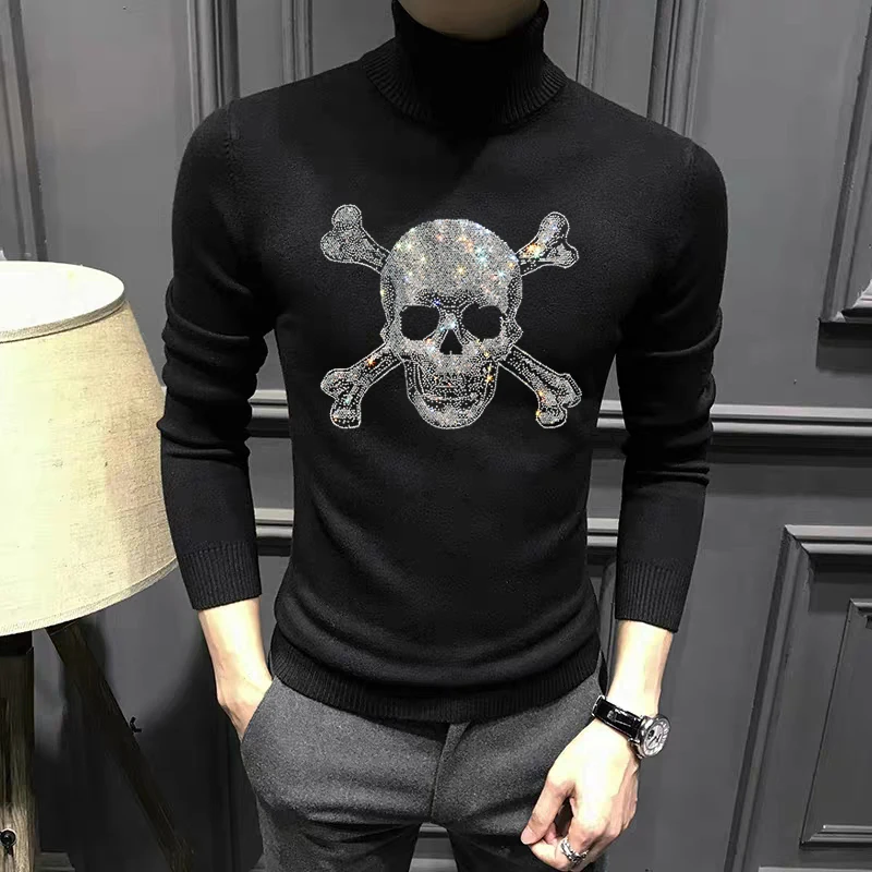 Winter Men's Turtleneck Sweater New Hot Rhinestone Skull Knit Long Sleeve High Quality Pullover Tops
Winter Men's Turtleneck Sweater New Hot Rhinestone Skull Knit Long Sleeve High Quality Pullover Tops
