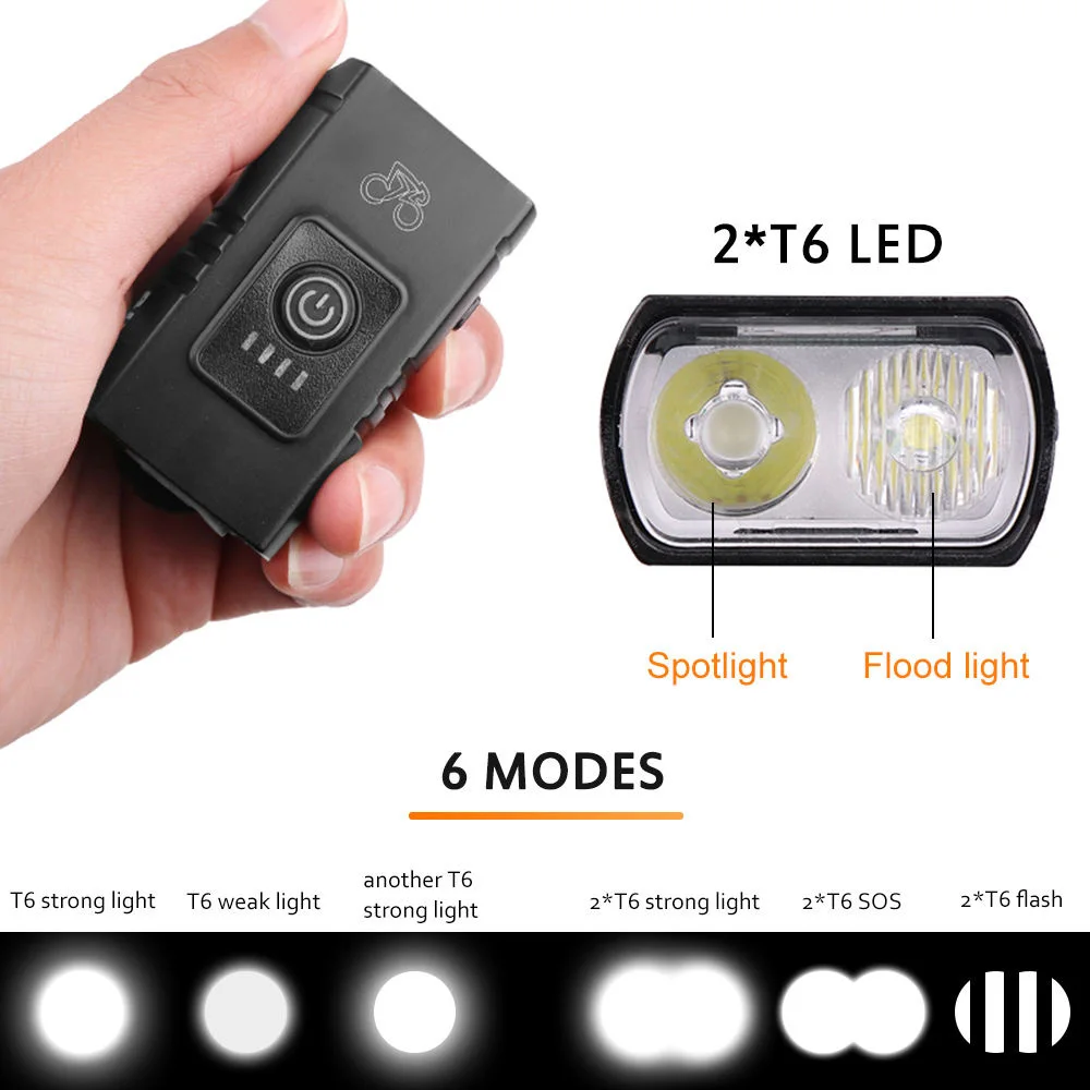 T6 LED Bicycle Light 1600LM 6 Modes USB Rechargeable Bicycle Front Light Cycling Equipment outdoor cycling lights show red light
T6 LED Bicycle Light 1600LM 6 Modes USB Rechargeable Bicycle Front Light Cycling Equipment outdoor cycling lights show red light