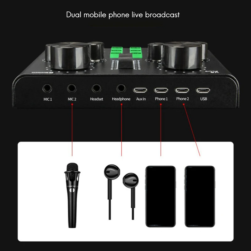 V8 Plug Sound Card for Live Streaming Voice Changer Sound Card with TWS Wireless Earphone
V8 Plug Sound Card for Live Streaming Voice Changer Sound Card with TWS Wireless Earphone