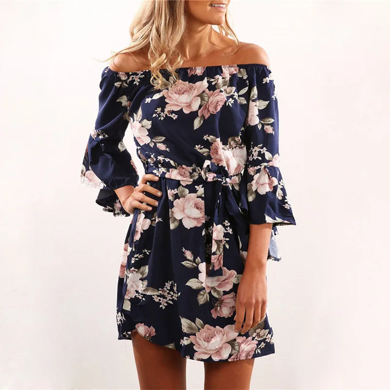 Women's One-Word Neck Flared Sleeves Printed Loose Beach Skirt Knee-Length Skirt Casual Short-Sleeved Flowers 
Women's One-Word Neck Flared Sleeves Printed Loose Beach Skirt Knee-Length Skirt Casual Short-Sleeved Flowers