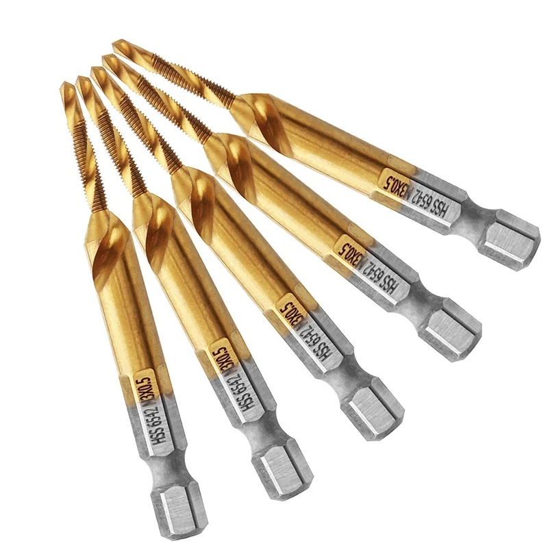 5Pcs Titanium Combination HSS Drill and Tap Set Metric Thread HSS M3 Screw Tapping Bit Tool 1/4Inch Hex Shank
5Pcs Titanium Combination HSS Drill and Tap Set Metric Thread HSS M3 Screw Tapping Bit Tool 1/4Inch Hex Shank