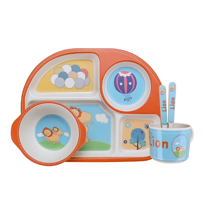 5 Pcs Bamboo Fiber Kids Tableware Set Dinner Plate+Bowl+Spoon+Fork+Water Cup Kit