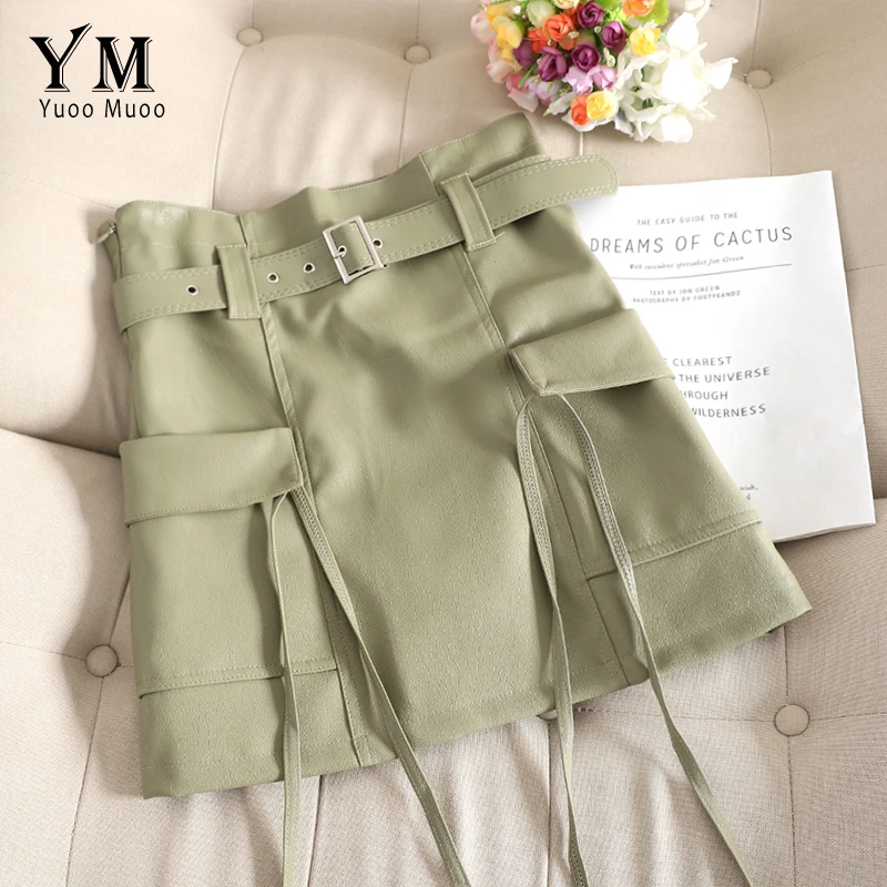 YuooMuoo Hot Big Pockets Cargo Autumn Short Skirts Women 2019 New Good Quality Comfy High Waist Vintage Skirt Leather Sash | Женская