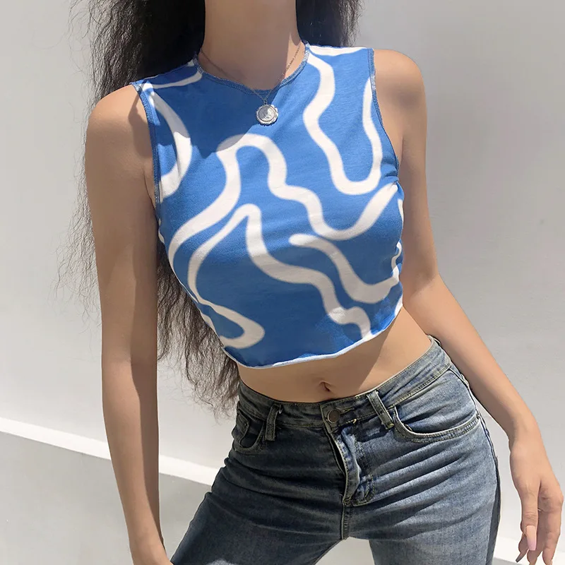 New Sexy Wave Print Crop Top 2021 Panelled Sleeveless Patchwork Tank Top Woman Summer Crimping Casual Blue Cut Out Top Aesthetic
New Sexy Wave Print Crop Top 2021 Panelled Sleeveless Patchwork Tank Top Woman Summer Crimping Casual Blue Cut Out Top Aesthetic