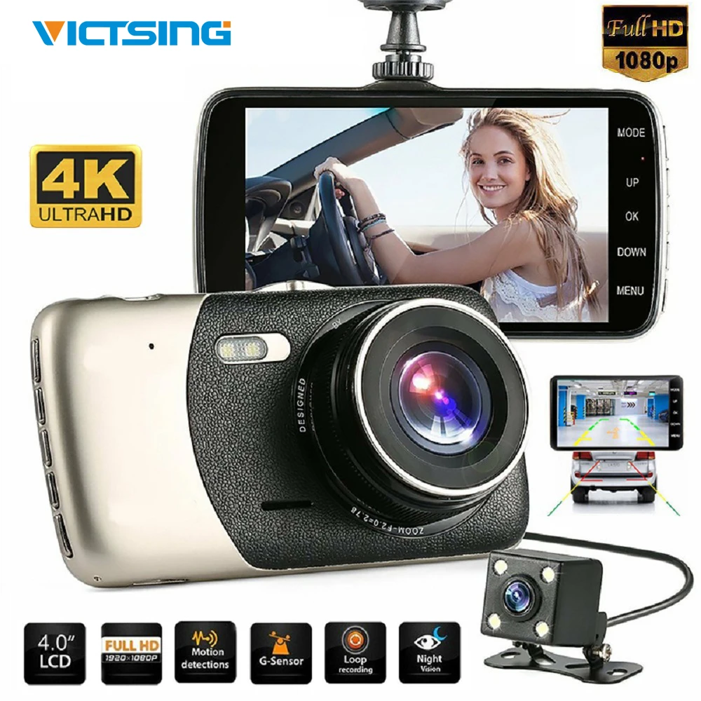 Victsing Автомобильный видеорегистратор с двумя объективами 4 0 дюймов 1080P Передняя и