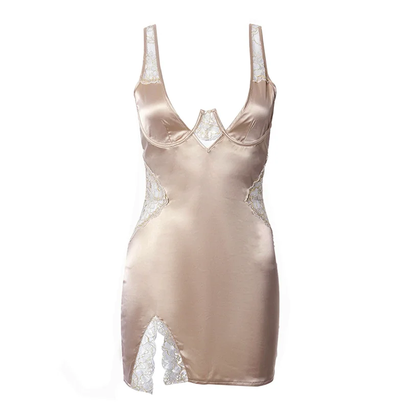 Women Summer Satin Solid Color Bodycon Slim Mini Dress Fashion Sleeveless Deep V neck Lace Sundress Party Clubwear
Women Summer Satin Solid Color Bodycon Slim Mini Dress Fashion Sleeveless Deep V neck Lace Sundress Party Clubwear