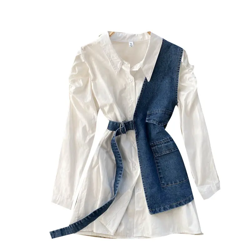 2021 new fashion spring temperament Lapel shirt women's bubble sleeve solid color versatile denim vest two piece set
2021 new fashion spring temperament Lapel shirt women's bubble sleeve solid color versatile denim vest two piece set