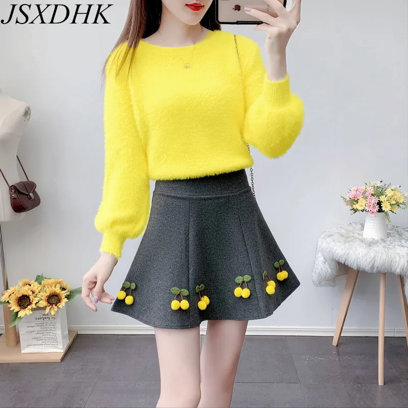 Cute Girl Autumn Winter Two Piece Set Women Mohair Knitted Soft Yellow Sweaters + High Waist Short Cherry Ball Gown Skirts Suit
Cute Girl Autumn Winter Two Piece Set Women Mohair Knitted Soft Yellow Sweaters + High Waist Short Cherry Ball Gown Skirts Suit