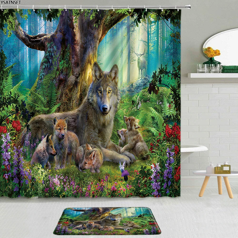 

2Pcs 3D Psychedelic Forest Scenery Animal Wolf Shower Curtain Tropical Plant Flower Mushroom Elk Non-Slip Bath Mat Bathroom Set