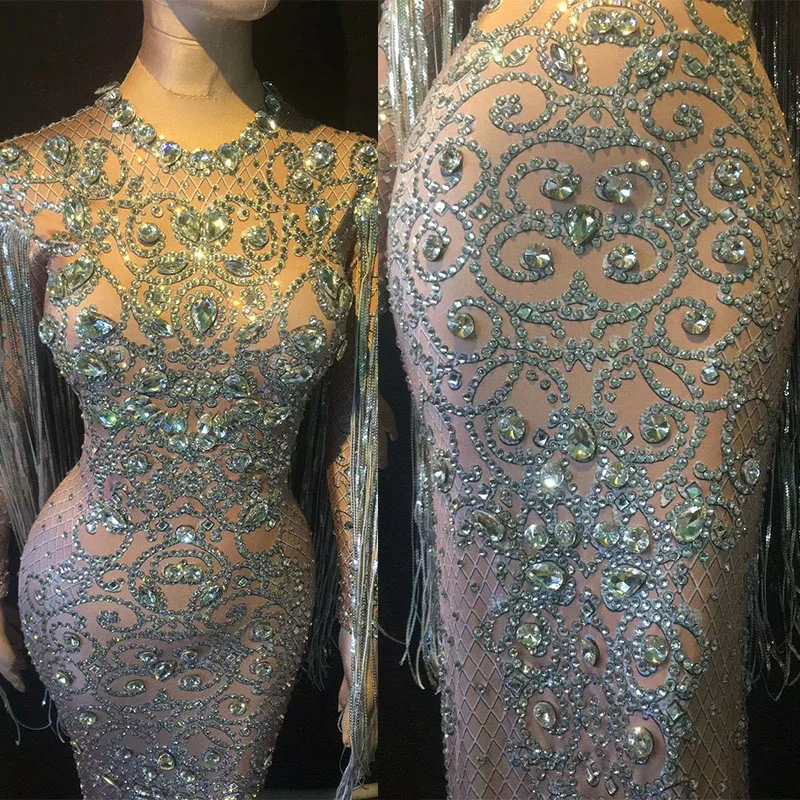 Long Sleeve Fashion Female Evening Party Fringes Crystal Tassels Dress Nightclub Show Stretch Leotard Nightclub Show Dress
Long Sleeve Fashion Female Evening Party Fringes Crystal Tassels Dress Nightclub Show Stretch Leotard Nightclub Show Dress