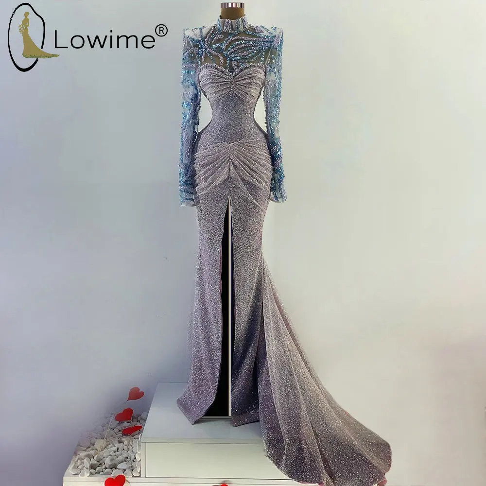 Arabic Style Muslim Long Sleeves Mermaid Evening Dresses 2021 High Neck Pearls Sequined Formal Prom Party Gowns with Split
Arabic Style Muslim Long Sleeves Mermaid Evening Dresses 2021 High Neck Pearls Sequined Formal Prom Party Gowns with Split