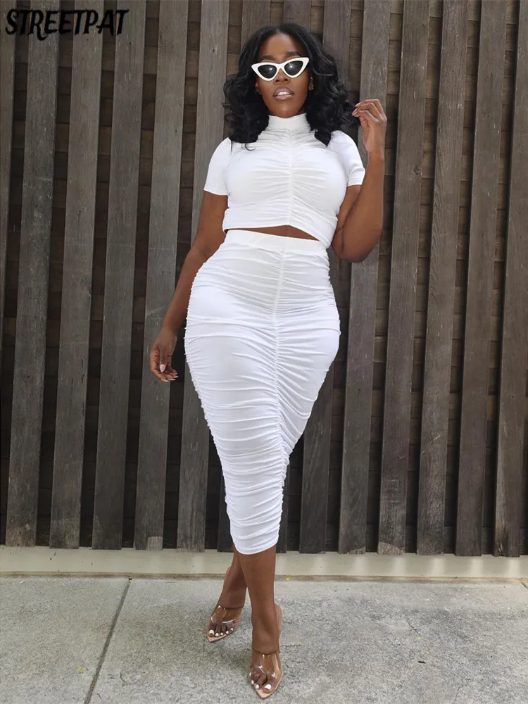 

Solid Color Ruched 2 Two Piece Set Dress Woman Short Sleeve Turtleneck Crop Top And Draped Bodycon Maxi Skirt Summer Outfits