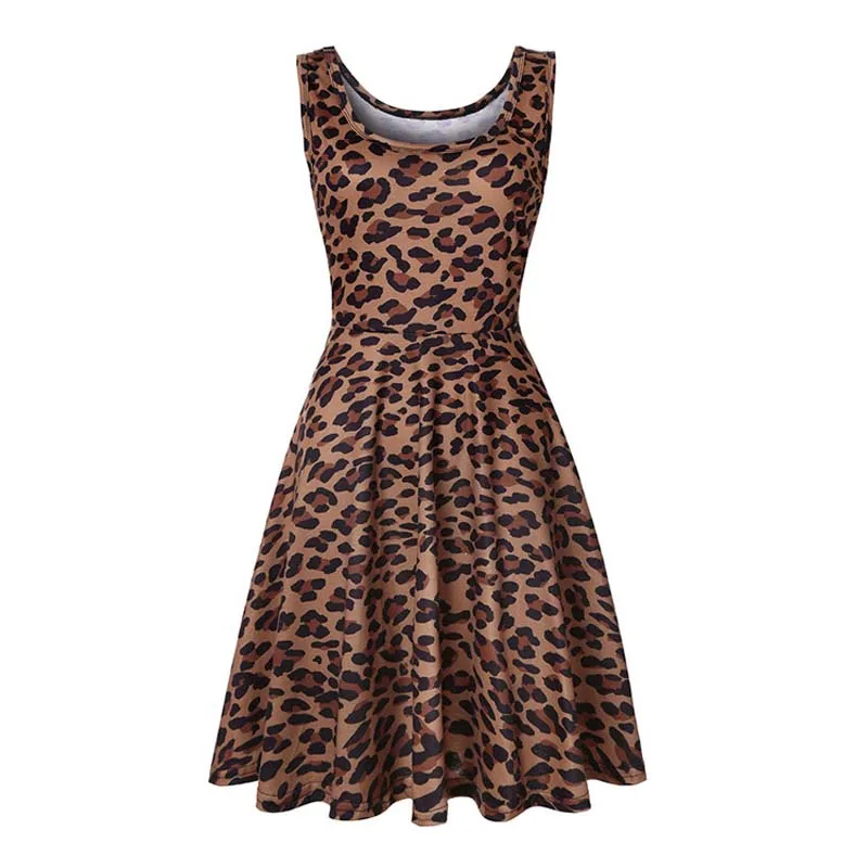 

Женское трикотажное платье без рукавов, повседневное свободное летнее платье с леопардовым принтом и расклешенным круглым вырезом
