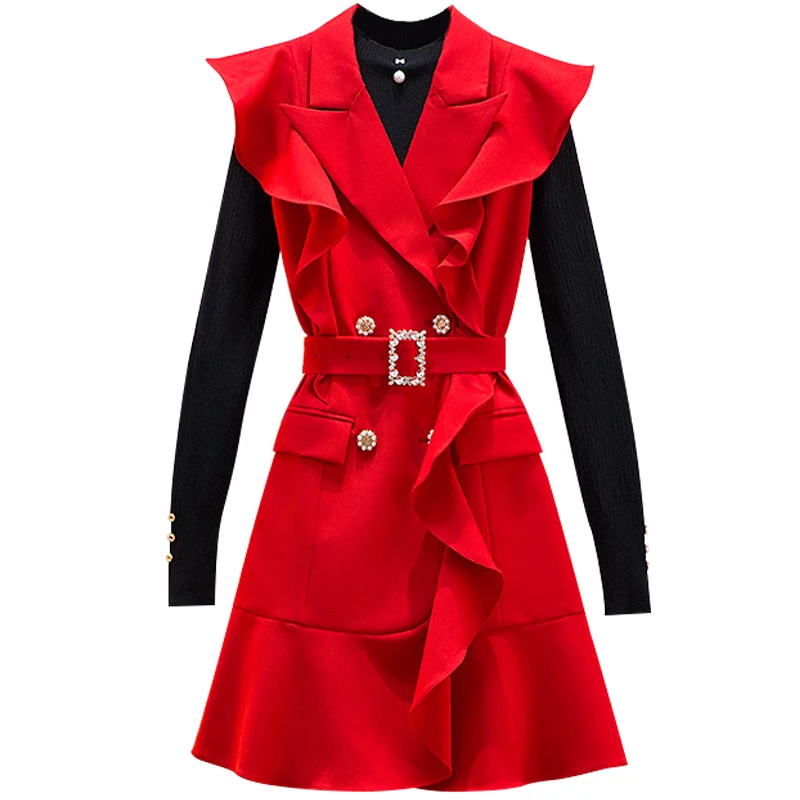 High Quality Black Sweater Red Dress Two-Piece Suit 2021fall And Winter Women Outfit Set Clothing European Fashion Vogue Lady 
High Quality Black Sweater Red Dress Two-Piece Suit 2021fall And Winter Women Outfit Set Clothing European Fashion Vogue Lady