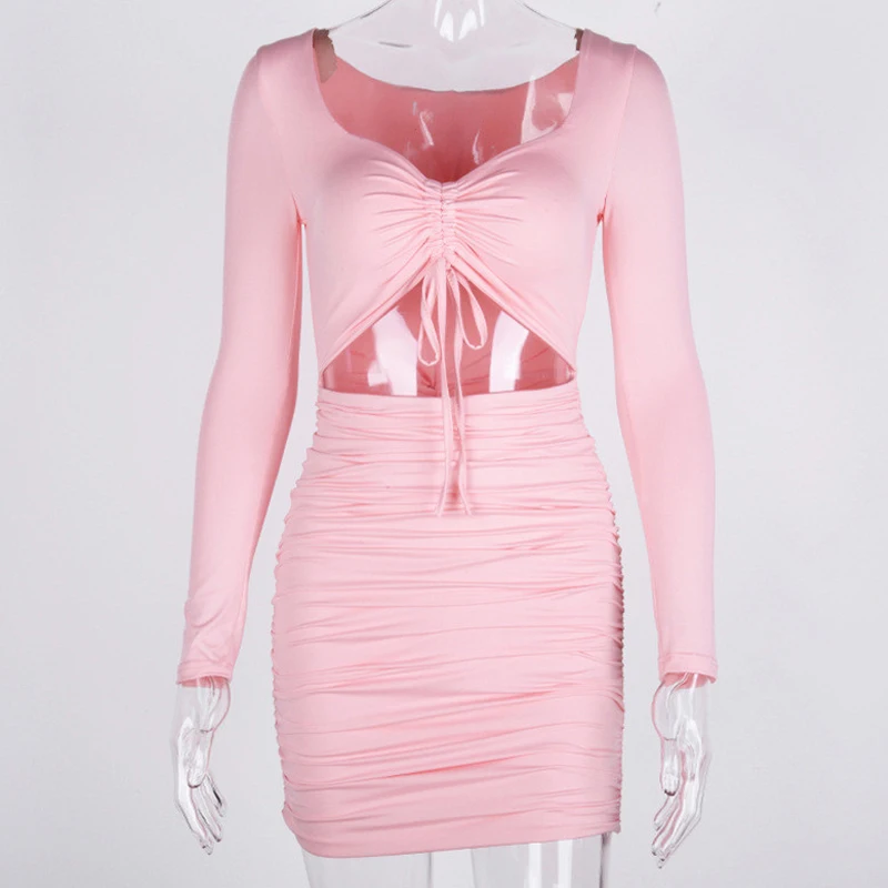 Solid Pink Hollow Out Dress 2019 Autumn V-neck Chest Drawstring Lace Up 2 Layers Women Dress Long Sleeve Bodycon Party Dresses
Solid Pink Hollow Out Dress 2019 Autumn V-neck Chest Drawstring Lace Up 2 Layers Women Dress Long Sleeve Bodycon Party Dresses