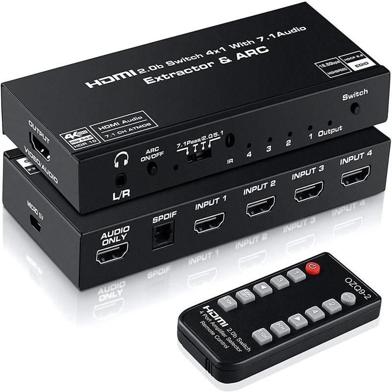 HDMI-compatible 4 in 2 out audio separation HDMI-compatible switcher 4k60hz hdcp2.2 hdr12 7.1 channel
HDMI-compatible 4 in 2 out audio separation HDMI-compatible switcher 4k60hz hdcp2.2 hdr12 7.1 channel
