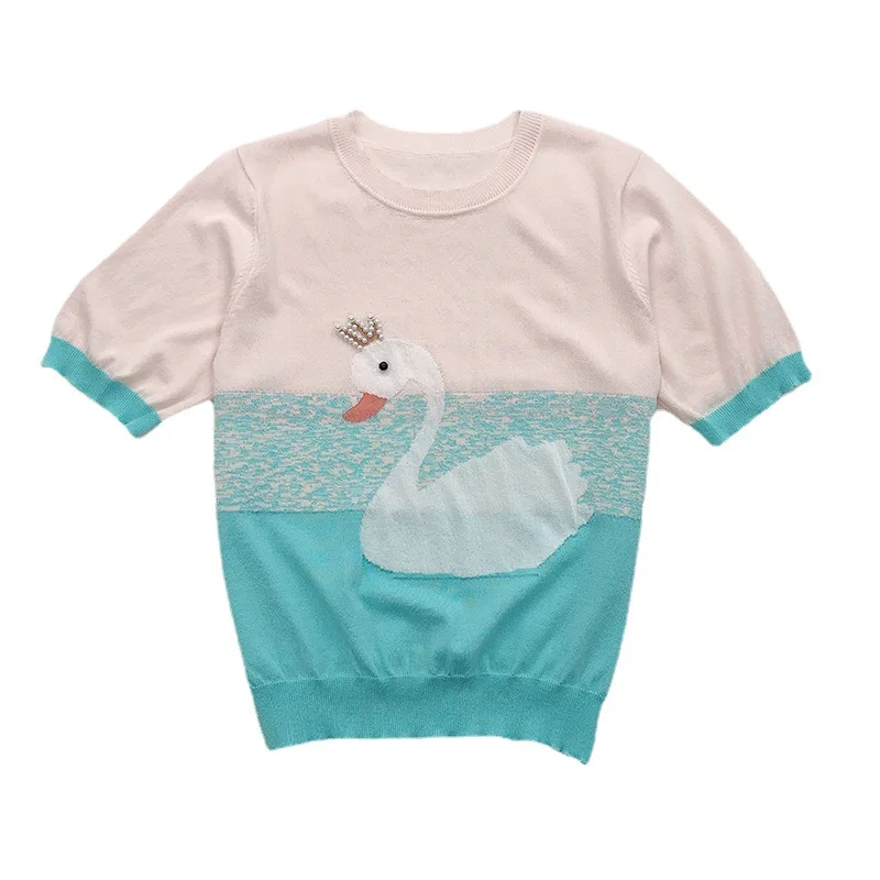 Summer Thin Knit Short Sleeve Temperament Swan Beading Pullover Women's A T-Shirt Slim O-Neck Tees Top High Quality Sweaters
Summer Thin Knit Short Sleeve Temperament Swan Beading Pullover Women's A T-Shirt Slim O-Neck Tees Top High Quality Sweaters