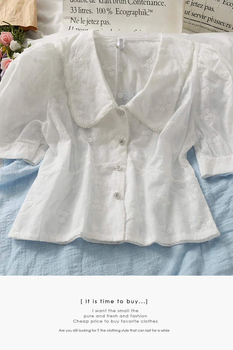 2021 Summer white button-down shirt women embroidered short-sleeved tops fairy 
2021 Summer white button-down shirt women embroidered short-sleeved tops fairy