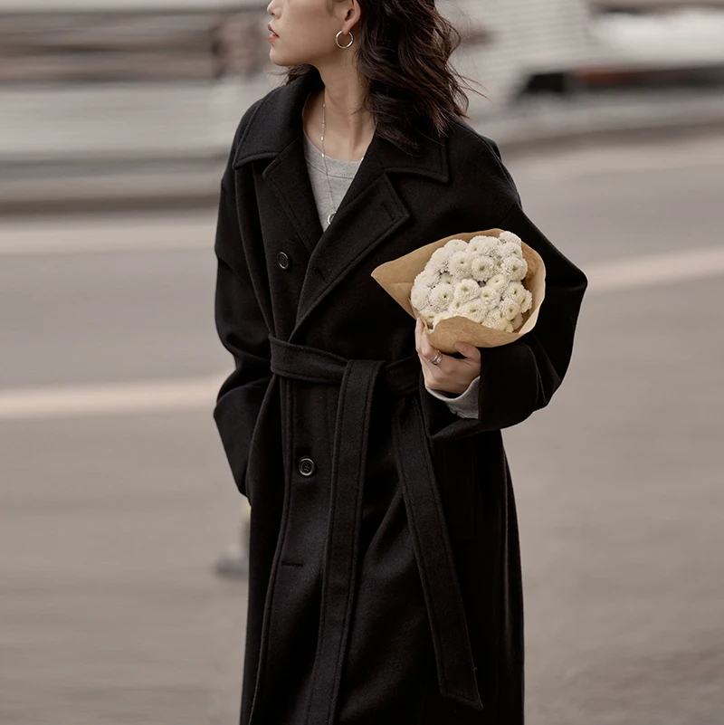 loose women's - belt coat, black wool coat, slotted collar, long sleeves, fashion, autumn, winter, 2021, 1dd3464
loose women's - belt coat, black wool coat, slotted collar, long sleeves, fashion, autumn, winter, 2021, 1dd3464