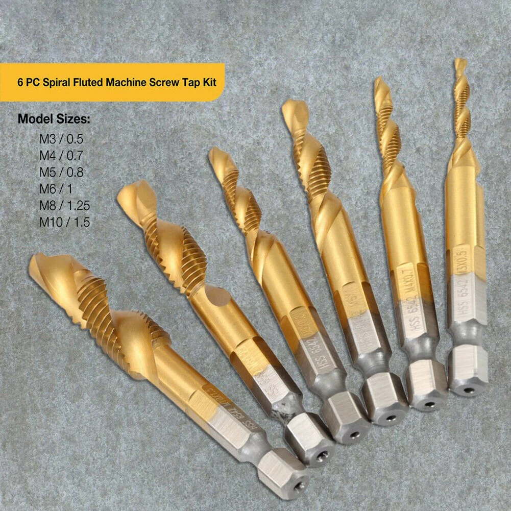 6 Pcs Drill Bits Set Titanium W/ Hex Shank Compound Tap M3 - M10 For Glass Brick Tile Metal Drilling Electric Tool Accessories
6 Pcs Drill Bits Set Titanium W/ Hex Shank Compound Tap M3 - M10 For Glass Brick Tile Metal Drilling Electric Tool Accessories