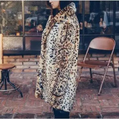 Clobee Women faux fur Coats 2019 Sexy Ladies Outerwear Leopard Printed Fake Rabbit Vintage Thicken Warm Winter Jacket G773 | Женская