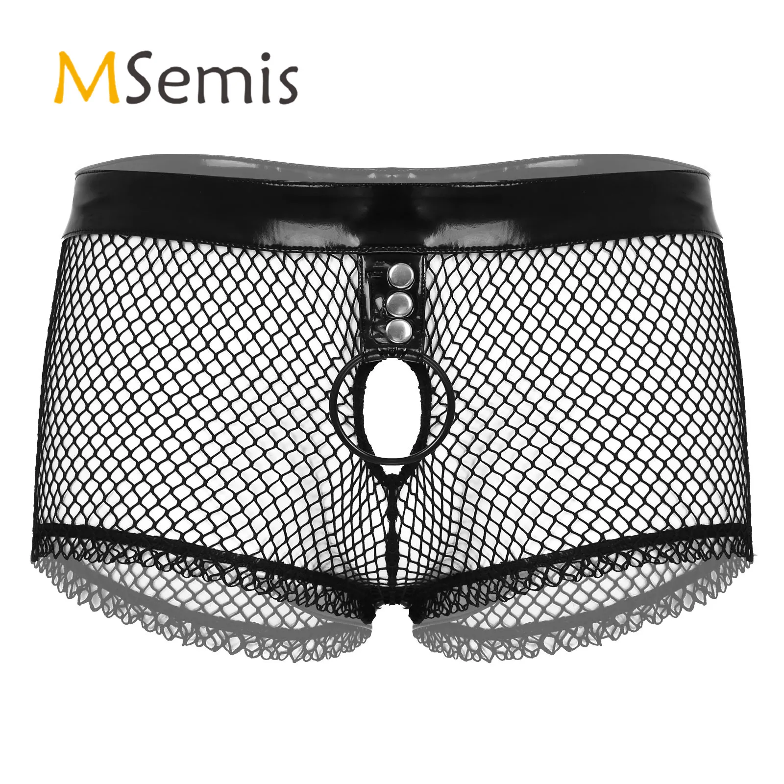 Mens Lingerie See-through Patchwork Underwear Hollow Out Fishnet O Ring Boxer Shorts Patent Leather Waistband Underpants
Mens Lingerie See-through Patchwork Underwear Hollow Out Fishnet O Ring Boxer Shorts Patent Leather Waistband Underpants