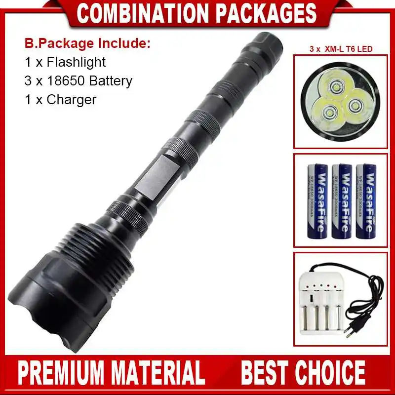 

3* XM-L T6 Super Birght Flashlight 3800LM LED Torch Self Defense Powerful Lantern Camping Hunting Lamp + 18650 Battery + Charger