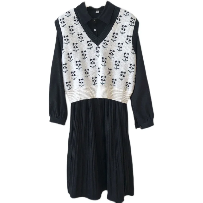 Kimutomo Fashion Two Piece Set Women 2021 Spring New Style Vintage Jacquard Knitted Vest ladies Turn-down Collar Pleated Dress
Kimutomo Fashion Two Piece Set Women 2021 Spring New Style Vintage Jacquard Knitted Vest ladies Turn-down Collar Pleated Dress