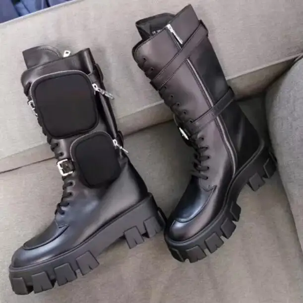 

lady Heavy lug soles Leather Combat Boots Removable buckled ankle strap with zip pouch Round toe Lace-up rugged utilitarian boot