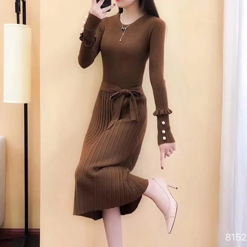 Women Sweater Dress Female Elastic Long Sleeve Elegant A-line Knitting Pleated Casual Tight Knit Dresses Autumn Winter | Женская одежда