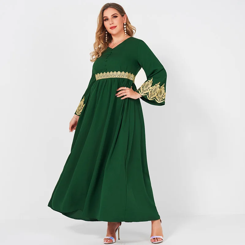 MakFound New Women's Autumn Banquet Dress Dark Green V-neck Gold Lace Stitching Flared Long Sleeve Plus Size Vintage Party Robe
MakFound New Women's Autumn Banquet Dress Dark Green V-neck Gold Lace Stitching Flared Long Sleeve Plus Size Vintage Party Robe