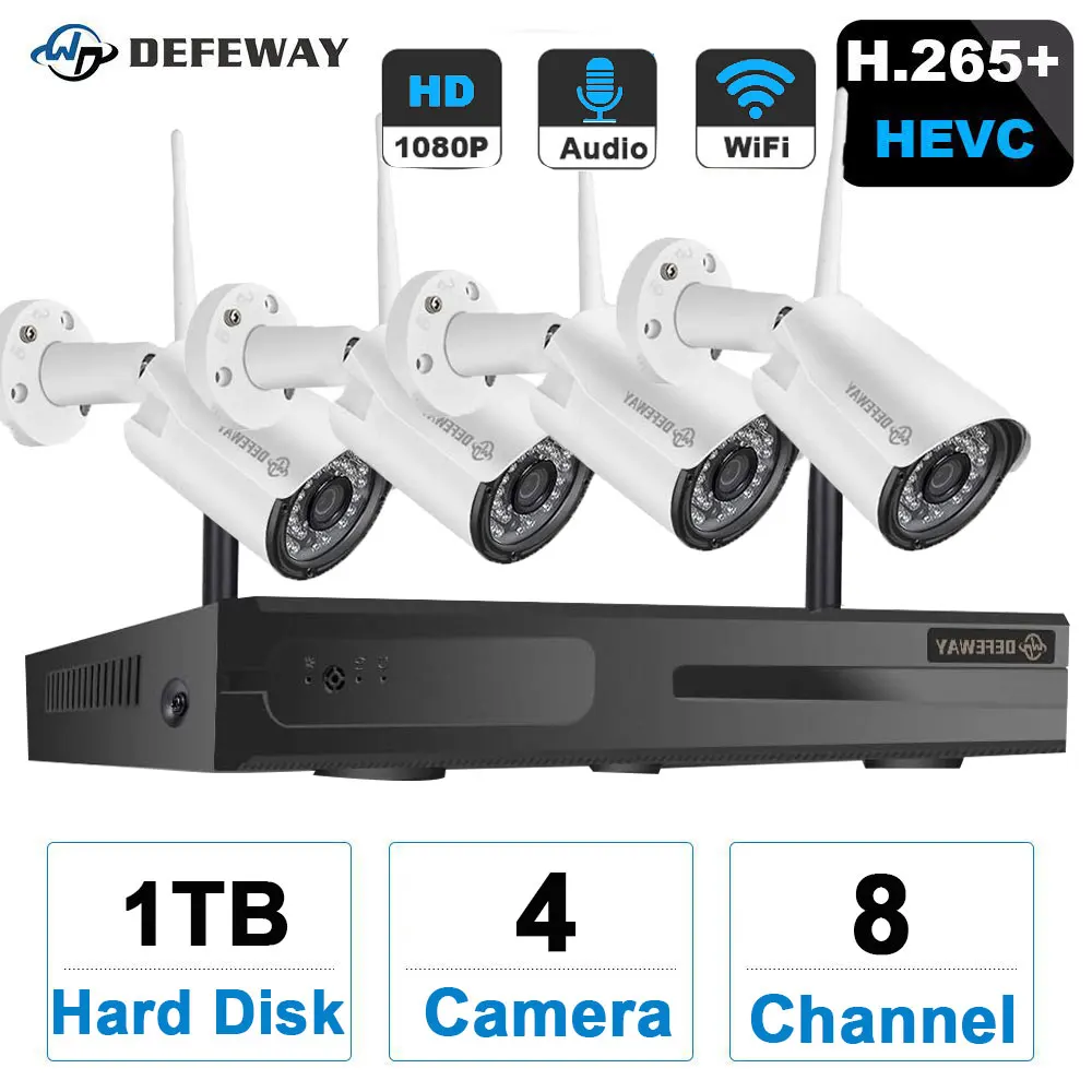 Defeway 8CH H.265 + Wifi PoE NVR системы видеонаблюдения 1080P HD CCTV Системы с 1 ТБ HDD 4 шт. 2.0MP ИК