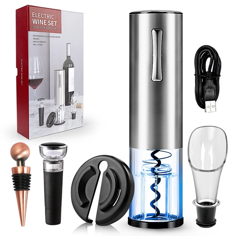 Electric Corkscrew Stainless Steel Automatic Wine Bottle Opener Set with Foil Cutter
Electric Corkscrew Stainless Steel Automatic Wine Bottle Opener Set with Foil Cutter