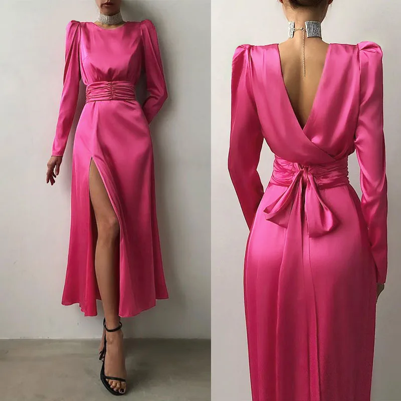 Women Elegant Satin Party Maxi Dress Celmia Sexy Tight-fit Long Sleeve Slit Hem Vestidos Fashion Open Back Belted Formal Dresses
Women Elegant Satin Party Maxi Dress Celmia Sexy Tight-fit Long Sleeve Slit Hem Vestidos Fashion Open Back Belted Formal Dresses