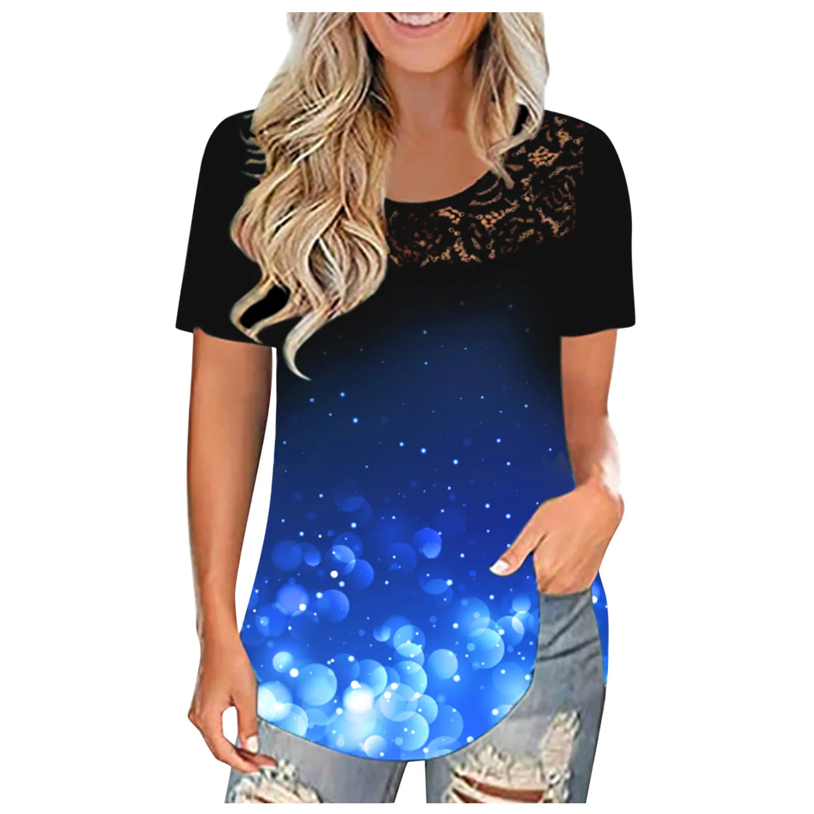 T-shirts LacePrint Woman Splicing O-neck Short Sleeve Plus Size Summer T-shirt Elegant Pullover Tops Tee Shirt Femme top mujer 
T-shirts LacePrint Woman Splicing O-neck Short Sleeve Plus Size Summer T-shirt Elegant Pullover Tops Tee Shirt Femme top mujer