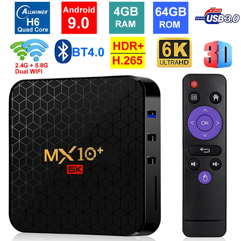 ТВ приставка MX10 PLUS 6K для Smart TV Android 9 0 4 ГБ 64 четырехъядерный Allwinner H6 BT4.0 2 4G/5G двойной