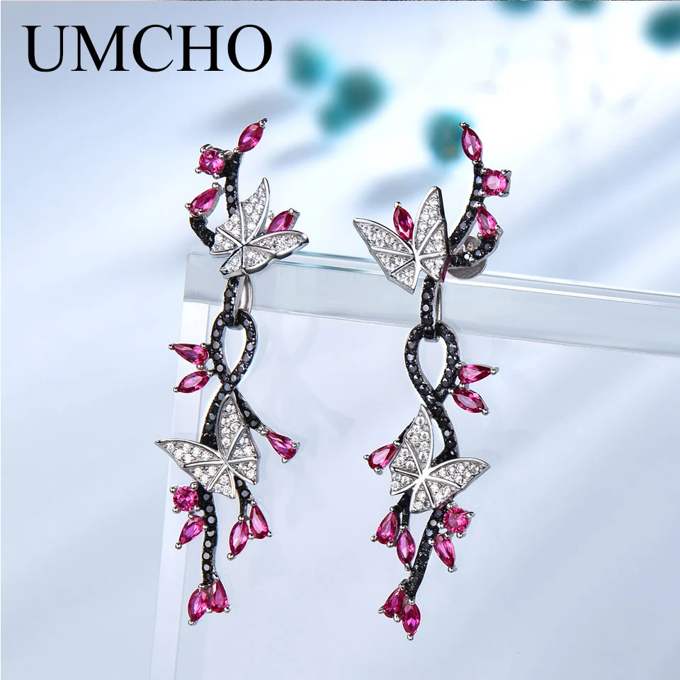 

UMCHO 925 Sterling Silver Drop Earrings for Women Butterfly Natural Gemstone Black Spinel Ruby Vintage Romantic Wedding Jewelry