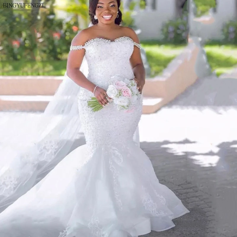 BINGYUFENGZI White Lace Appliques Mermaid Luxury Wedding Dresses Sweetheart Off the Shoulder Beaded Bridal Wedding Gowns
BINGYUFENGZI White Lace Appliques Mermaid Luxury Wedding Dresses Sweetheart Off the Shoulder Beaded Bridal Wedding Gowns
