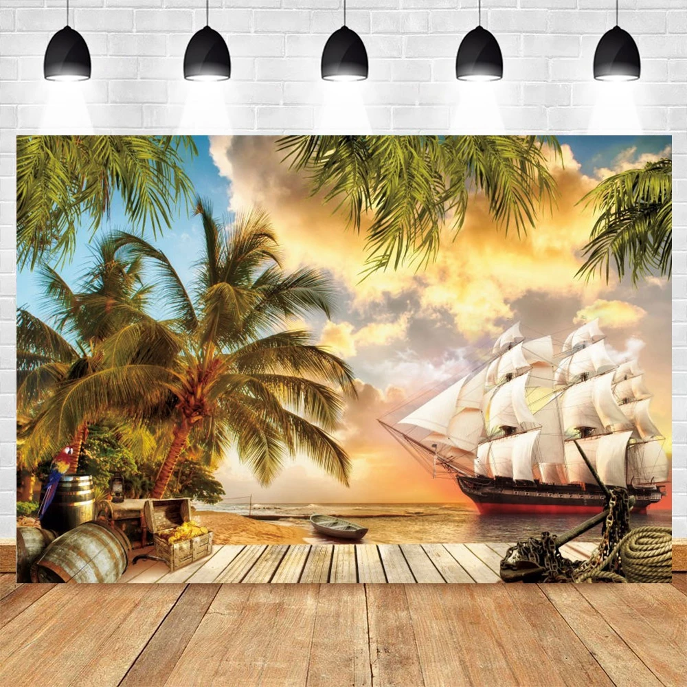 

Summer Tropical Palm Leaves Sea Ocean Ship Pirate Treasure Backdrop Birthday Party Photography Background Vinyl Cake Table Decor