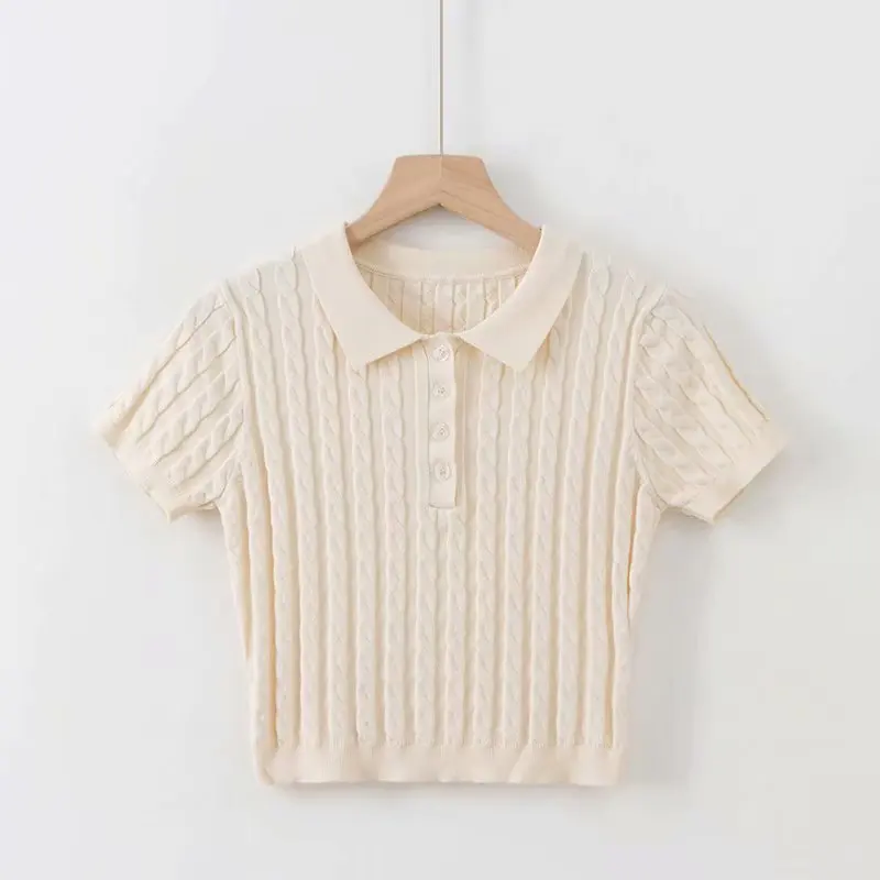 Vintage Knitted Cropped Top Sexy Short Sleeve Turn Down Collar Knit Shirts Women Korean Tee Shirt Streetwear Elastic Slim W843 
Vintage Knitted Cropped Top Sexy Short Sleeve Turn Down Collar Knit Shirts Women Korean Tee Shirt Streetwear Elastic Slim W843