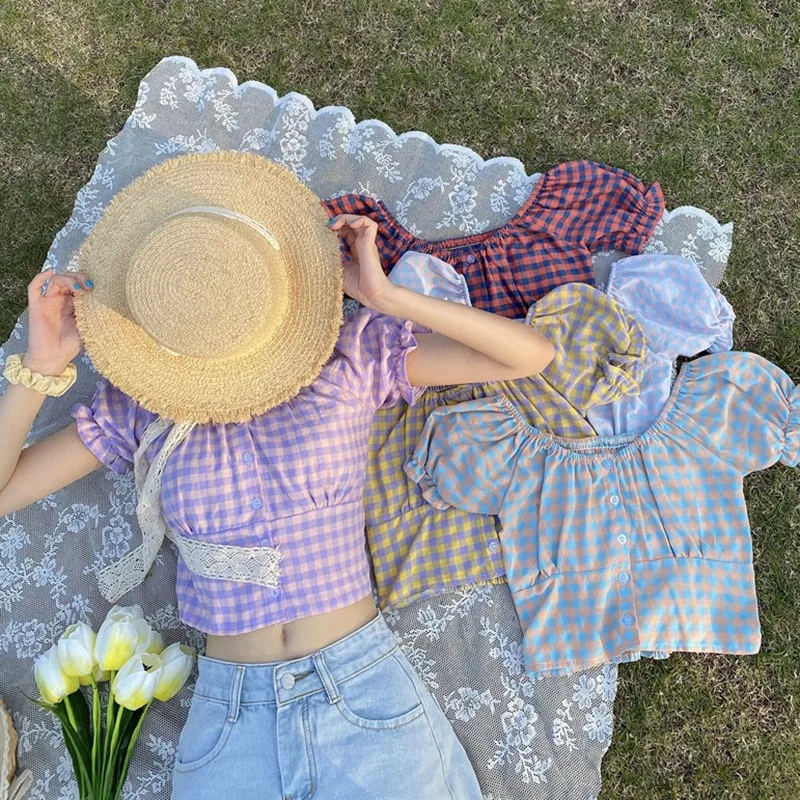 Women Plaid Print Square Collar Blouse Puff Sleeve Short Sleeve Korean Style Sweet Shirt
Women Plaid Print Square Collar Blouse Puff Sleeve Short Sleeve Korean Style Sweet Shirt