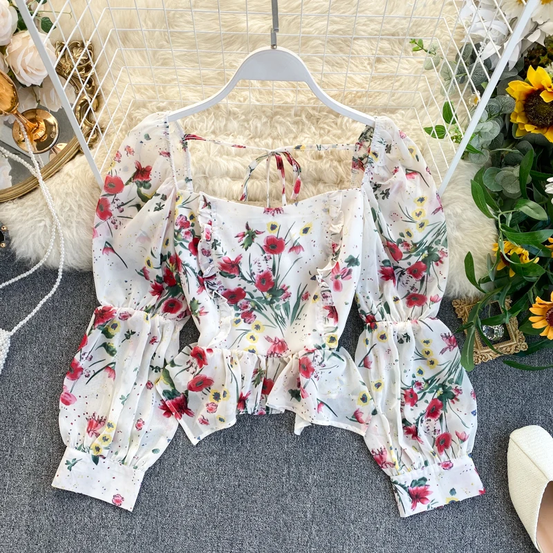 Womens Blouses And Tops French Style Floral Print Sexy Square Neck Designer Irregular Ruffle Elastic Chiffon Shirt Back Tie Tops
Womens Blouses And Tops French Style Floral Print Sexy Square Neck Designer Irregular Ruffle Elastic Chiffon Shirt Back Tie Tops