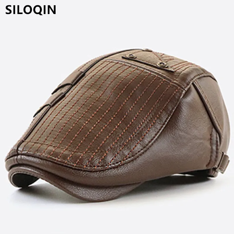 

SILOQIN Snapback Cap PU Imitation Leather Hat Men's Warm Beret New Male Bone Dad's Hat Adjustable Size Novelty Casual Sports Cap