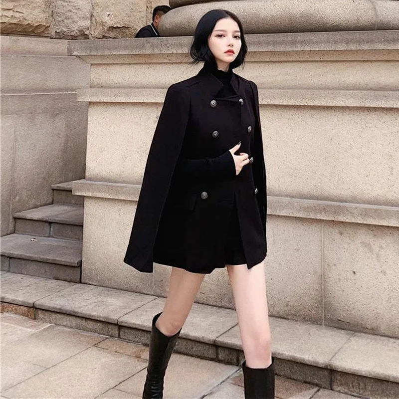Women Cloak Coat Vintage Stand-up Collar Bat Type Cape Jacket Ladies Wicca Fashion Autumn Winter Black Woolen Cloth Poncho Mujer
Women Cloak Coat Vintage Stand-up Collar Bat Type Cape Jacket Ladies Wicca Fashion Autumn Winter Black Woolen Cloth Poncho Mujer
