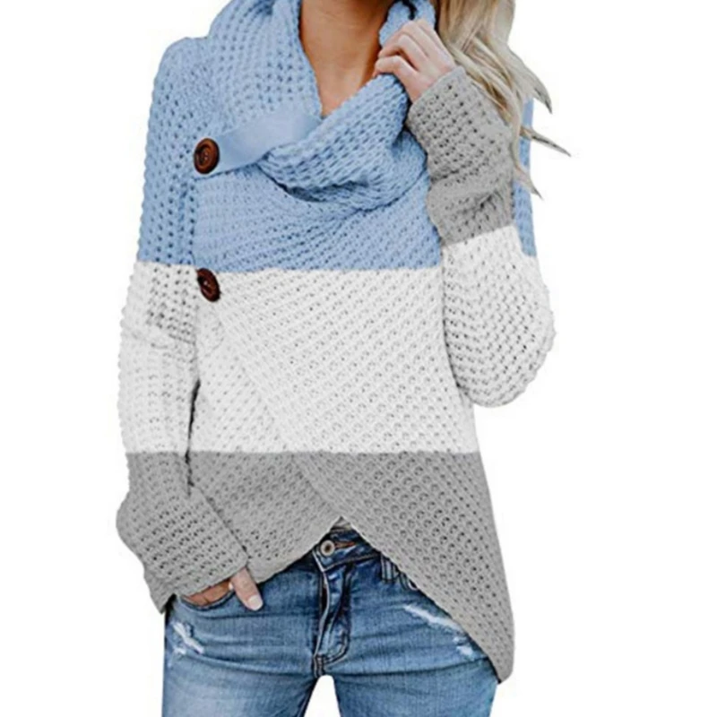 

Women Long Sleeve Chunky Sweater Turtle Cowl Neck Button Pullover Top Color Block Striped Asymmetric Hem Wrap Jumper