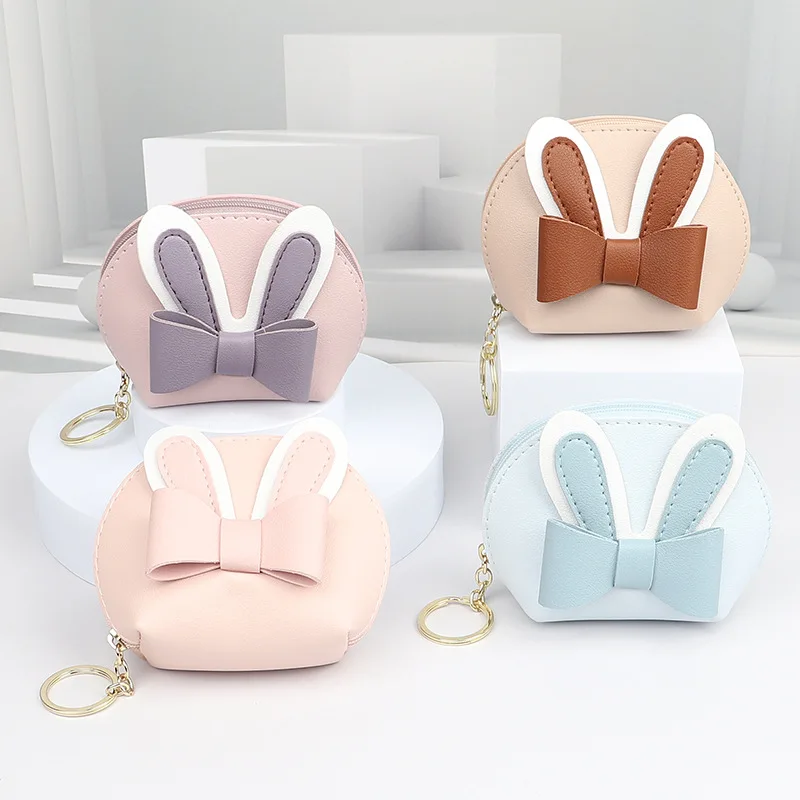 

Cute Women's Zipper Change Headset Bag PU Card Case Keychain Rabbit Ears Portable Waterproof Ladies Lipstick purse Makeup Bag