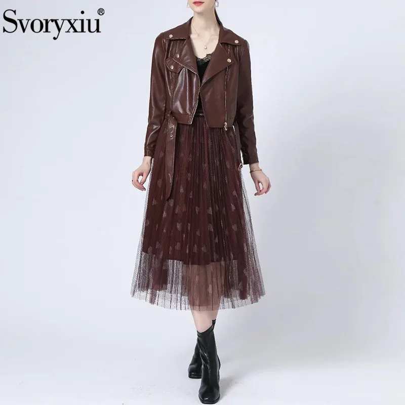 

Svoryxiu Fashion Woman Autumn Solid Slim Skirt Suit Lapel Sashes Jacket Top + Elastic Waist Net Yarn Dots Midi Skirt 2-Piece Set