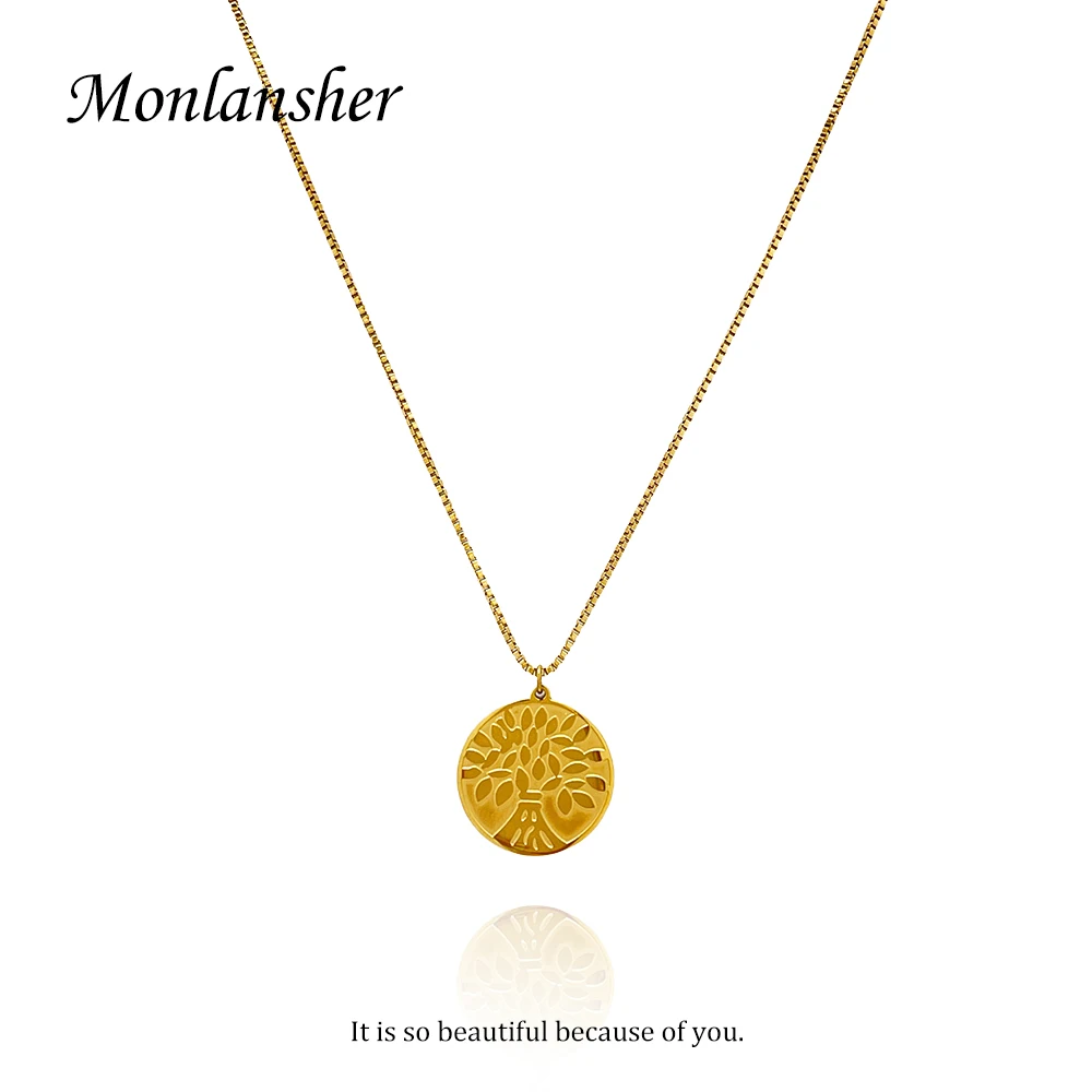 Monlansher Carved Tree Coin Pendant Necklace Gold Color Titanium Steel Thin Box Chain Necklace Trend Necklaces Jewelry for Women
Monlansher Carved Tree Coin Pendant Necklace Gold Color Titanium Steel Thin Box Chain Necklace Trend Necklaces Jewelry for Women