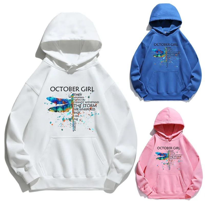 Women Hoodie October Girl Dragonfly Printed Hoodies Women Fleece Long Sleeve Loose Sweatshirt with Hat Pullovers Winter 
Women Hoodie October Girl Dragonfly Printed Hoodies Women Fleece Long Sleeve Loose Sweatshirt with Hat Pullovers Winter