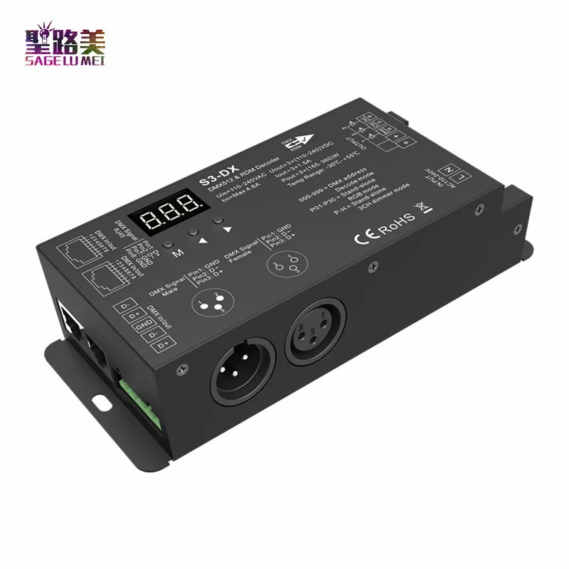 

S3-DX AC 110-220V 3 Channel High Voltage LED Strip DMX512 & RDM Decoder 3CH,1.5A/CH 3 x (165-360)W XLR3 and RJ45 port DMX